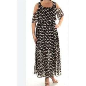 CR Cynthia Rowley M Dress Cold Shoulder Maxi Short Sleeve Black Metallic Print